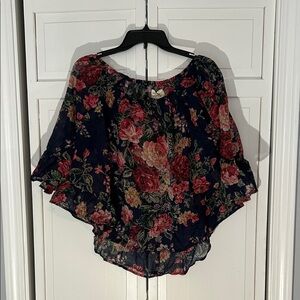 Denim&Supply Ralph Lauren Off -Shoulder Peasant Top Navy w/Red & Pink Roses sz L